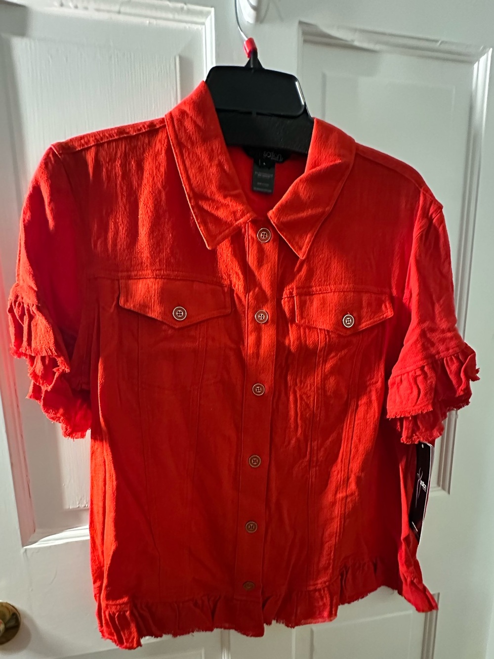 Bright Red Button-Front Ruffle Sleeve Top - Picture 1 of 7